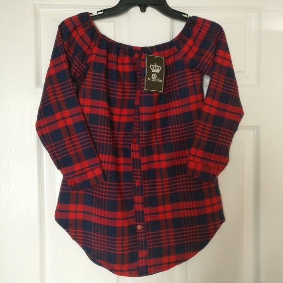 Off-the-Shoulder Plaid Blouse - Picture 4 of 4